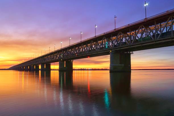 istock Amur bridge at sunset. Trans siberian railway. 1350642757