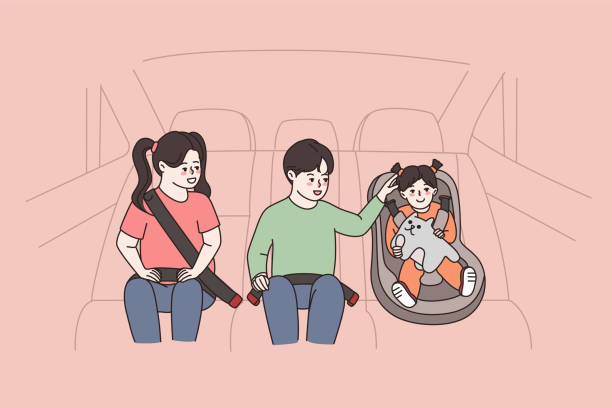 ilustraciones, imágenes clip art, dibujos animados e iconos de stock de tres niños felices en el coche usando medidas de seguridad - back seat illustrations