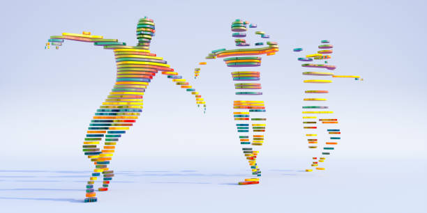 Abstract Figures Made From Multi-Coloured Shiny Slices In A Dynamic Motion Sequence Three abstract figures as three frames from a dancing motion sequence against a plain background. The figures are formed from various multi-coloured slices of shiny plastic like material, becoming increasingly filled in from the right to left figure. agility abstract stock pictures, royalty-free photos & images