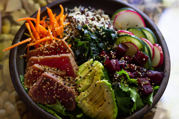 istock Tuna poke bowl salad with vegetables 1350643575