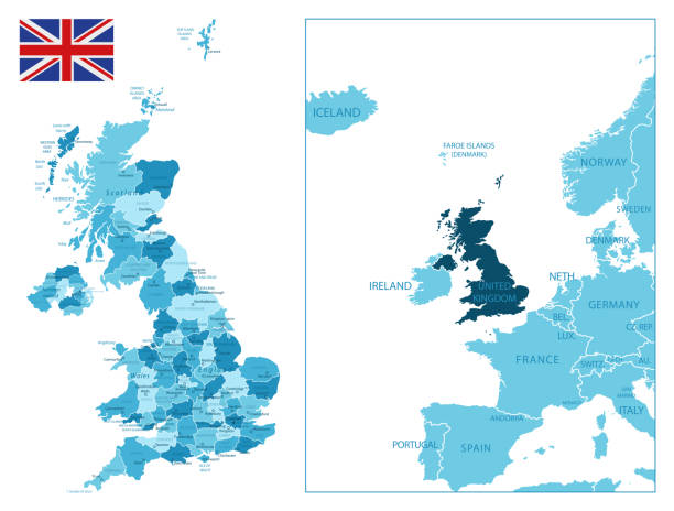 ilustrações, clipart, desenhos animados e ícones de reino unido - mapa azul altamente detalhado. - uk map british flag england