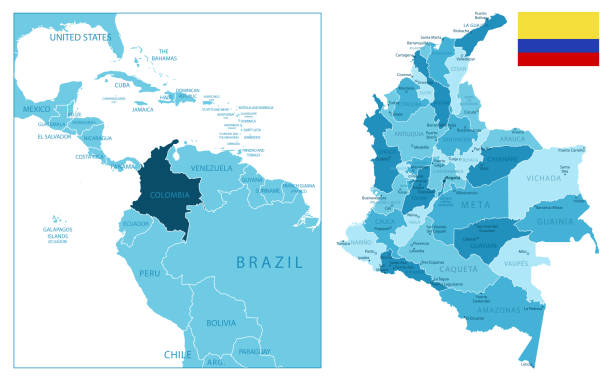 ilustraciones, imágenes clip art, dibujos animados e iconos de stock de colombia - mapa azul muy detallado. - colombia map