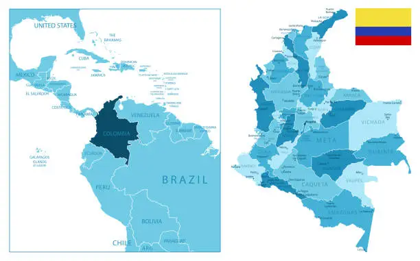 Vector illustration of Colombia - highly detailed blue map.