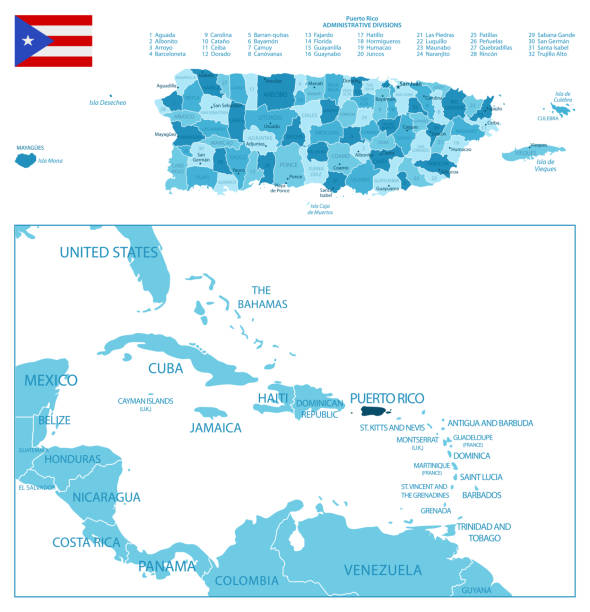 portoryko - bardzo szczegółowa niebieska mapa. - puerto rico map vector road stock illustrations