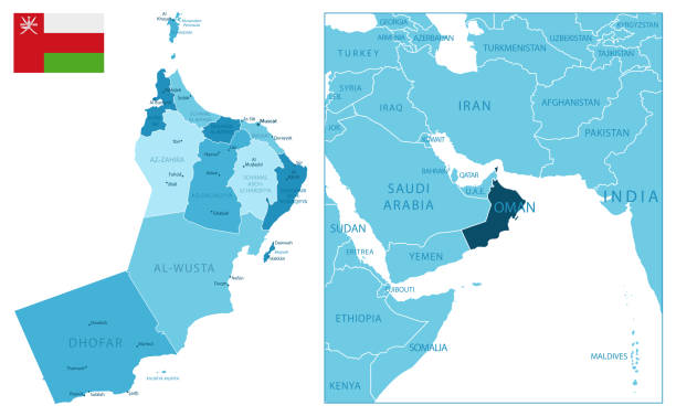 oman - bardzo szczegółowa niebieska mapa. - oman stock illustrations