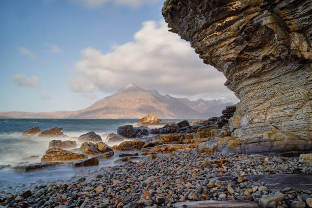 Elgol Beach, Isle Of Skye Cliff base at Elgol looking towards the Cuillins elgol beach stock pictures, royalty-free photos & images