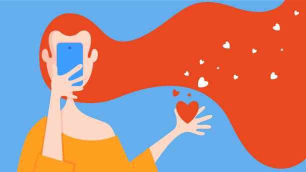 woman using mobile phone with heart shapes - aşk bulma sitesi illüstrasyonlar stock illustrations