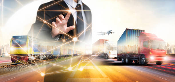 istock Global business logistics import export transportation concept, container truck, freight train, cargo airplane, shipping, network distribution, technology interface of partner connection worldwide 1350646400