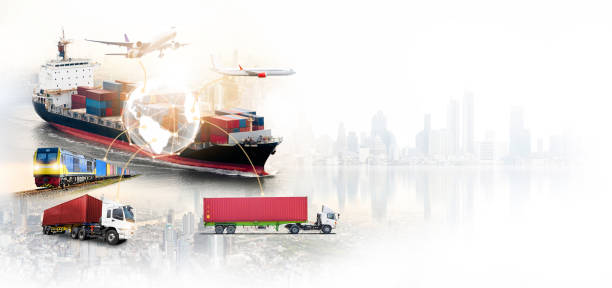 istock Global business logistics import export and container cargo ship, freight train, cargo plane, container truck at city background with copy space, transportation industry concept worldwide distribution 1350646435