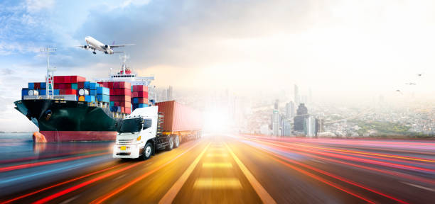istock Global business logistics import export and container cargo freight ship, cargo plane, container truck on highway at city background with copy space, transportation industry concept 1350646508