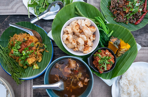 Local Northern Thai food.Tradition Northern Mix Thai cuisine from local restaurant.full set of food.Chief table.local ingredients.Variety of north eastern Thai dishes.Thai food concept.top view
