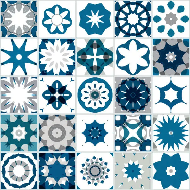 Vector illustration of Vector Blue Mosaic Floral Pattern Tile Floor Collection