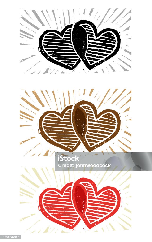 Linocut heart illustration 2 overlapping hearts Woodcut stock vector
