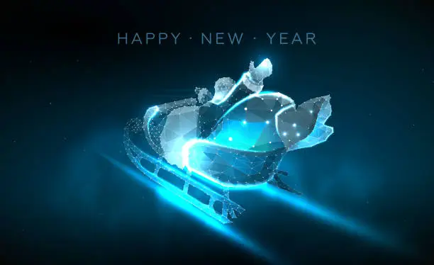 Vector illustration of New Year's futuristic background with Santa in a sleigh surrounded by starry space