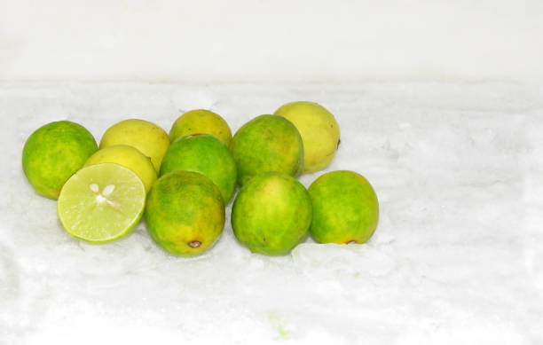 Food preservatives concept,Keep Vegetables Fresh Concepts,Lemons on the Ice cubes inside Refrigerator,keep vegetable freshness longtime.Fresh Lemons on ice background. stock photo
