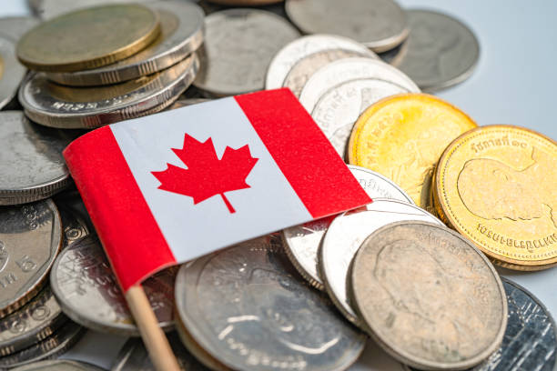 istock Stack of coins with Canada flag on white background. 1350650946