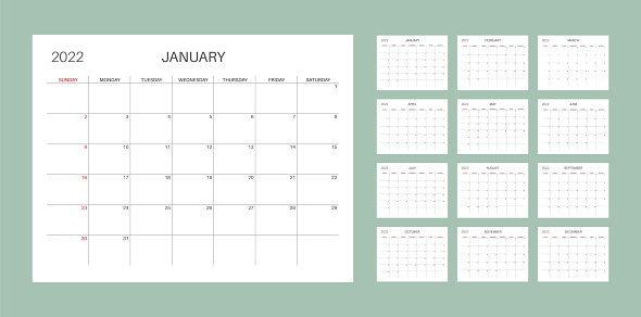 Monthly Calendar 2022. Sunday week start. Letter size. Horizontal album layout. Printable calendar template for planners. Week number. Grunge style typography.