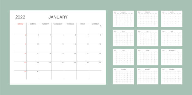Calendar template for planners. Calendar 2022. Monthly Calendar 2022. Sunday week start. Letter size. Horizontal album layout. Printable calendar template for planners. Week number. Grunge style typography. calendar stock illustrations