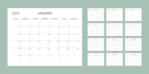 Calendar template for planners. Calendar 2022. Monthly Calendar 2022. Sunday week start. Letter size. Horizontal album layout. Printable calendar template for planners. Week number. Grunge style typography. art and craft product stock illustrations