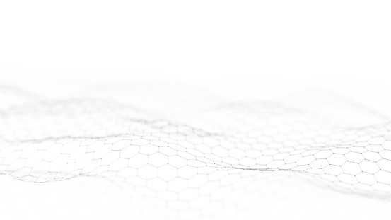 Futuristic hexagon wave. Light cyberspace. Abstract wave with dots and line. White moving particles on a white background. 3d rendering.