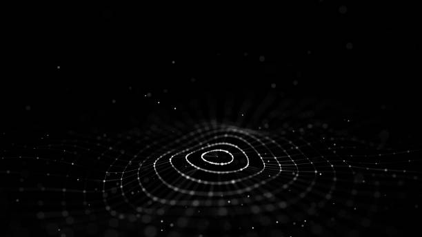 istock Futuristic wave. Dark cyberspace. Abstract music sound wave with dots. White moving particles on a black background. 3d rendering. 1350653452