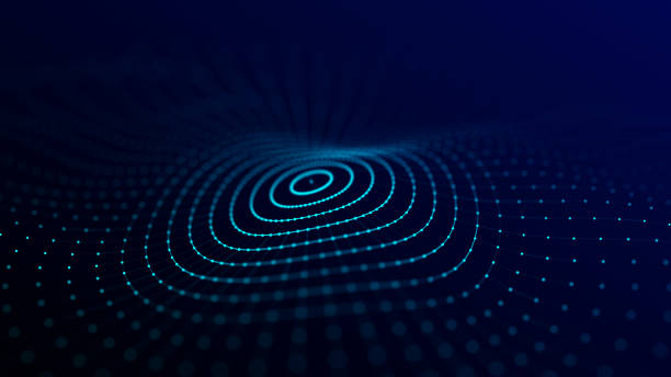 istock Futuristic wave. Dark cyberspace. Abstract sound wave with dots. White moving particles on a blue background. 3d rendering. 1350653461