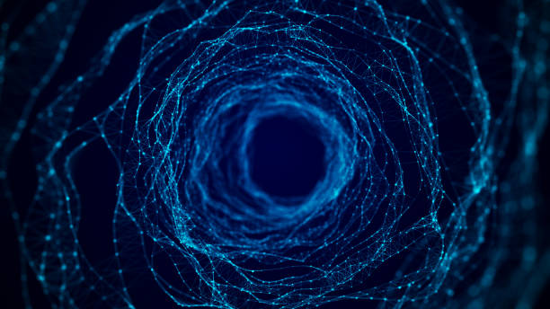 istock Abstract wireframe tunnel. Wormhole. 3D portal grid. Futuristic fantasy funnel. 3d rendering. 1350653902