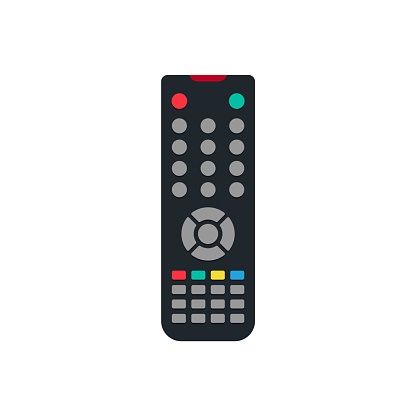 Remote control of tv. Flat icon for television. Remote with button for hand control of device. Illustration for media, navigation, dvd and movie. Smart interface. Vector.