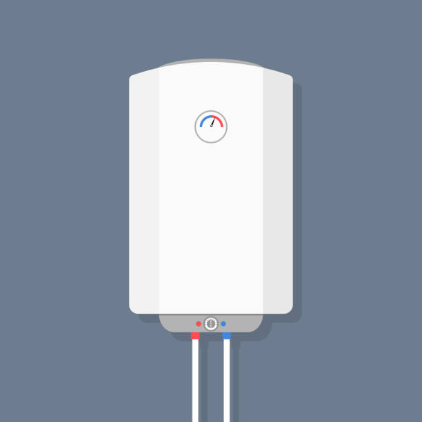 ilustrações, clipart, desenhos animados e ícones de aquecedor de água da caldeira. caldeira elétrica do cilindro. ícone plano do tanque de gêiser. dispositivo inteligente caseiro para água quente. equipamentos domésticos de segurança. aquecedor com painel, interruptor e tubo. vetor - boiler water heater symbol repairing