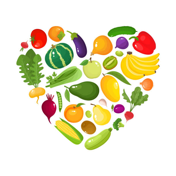 szablon banera wektorowego w kształcie serca z kreskówkowymi warzywami i owocami. - tomato apple green isolated stock illustrations