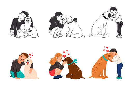 Children puppies friendship. Kids love dogs vector on white, kid look hug cuddle petting and kiss dog, people and pets happy loves lifestyle colorful and monochrome cute cartoon images