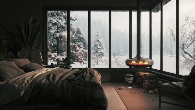 Cozy bedroom with fireplace. Snow outside the window. Guest houses in winter forest. 3d