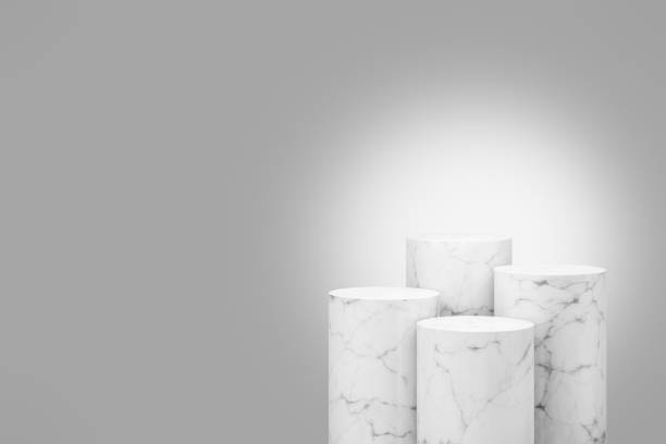 istock Cylinder step white marble podium with colored background in luxury studio scene. 1350657596