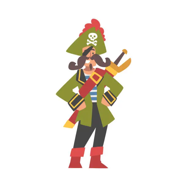 Vector illustration of Mustached Man Pirate or Buccaneer Character with Sabre and Hat with Crossed Bones as Marine Robber Vector Illustration