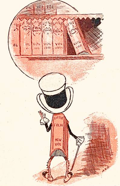 本の棒の姿が棚の前に立ち、ストーブパイプの帽子をかぶった後方の眺め - stovepipe hat点のイラスト素材／クリップアート素材／マンガ素材／アイコン素材