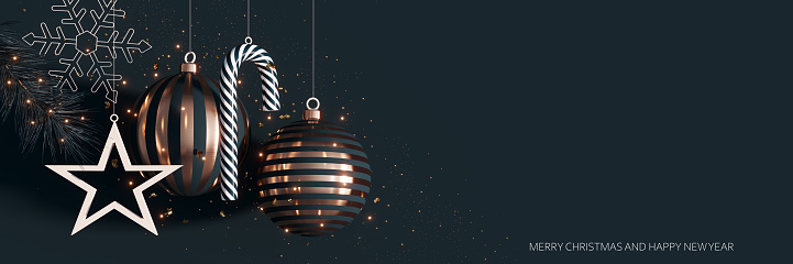 Shiny Christmas balls and decoration with Merry Christmas and Happy New Year text on black background 3D Rendering, 3D Illustration