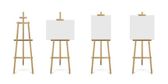 Easel standing with white board or canvas set. Blank blackboards on wooden tripod for art, painting, drawing or announcement vector illustration. Studio equipment on white background