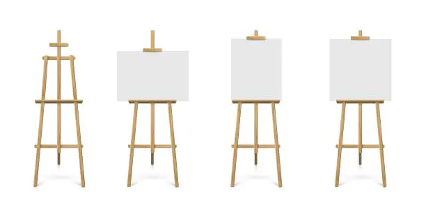 Vector illustration of Easel standing with white board or canvas set. Blank blackboards on wooden tripod for art, painting, drawing or announcement vector illustration. Studio equipment on white background