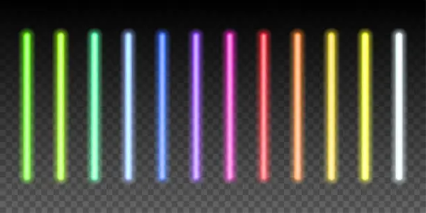 Vector illustration of Neon light sticks set on transparent background. Blue, white, yellow, orange, green, pink, red led lines glowing vector illustration. Electric color pack design for party or clubs