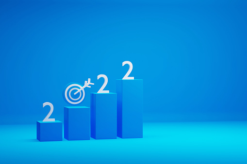 2022 Growth chart moving up and Bull's eye target. 2022 written on bar graphs moving up. Business and financial targets