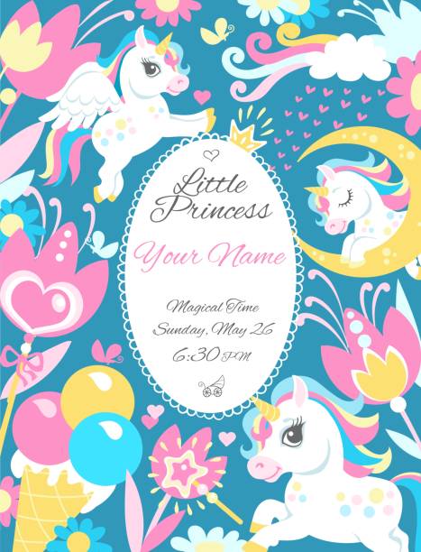 Unicorns frame. Cute children design. Fairy tales baby background. Sweet magic horses with horns and wings. Birthday card. Funny pony and flowers. Invitation design. Vector concept Unicorns frame. Cute children design. Fairy tales baby background. Sweet magic horses with horns and wings. Birthday card template. Funny pony and flowers. Invitation cartoon design. Vector concept pony wings stock illustrations
