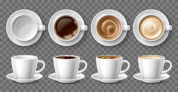 ilustrações de stock, clip art, desenhos animados e ícones de realistic coffee cups. porcelain mugs and saucers pair with different types drinks. top and side view of ceramic tableware. cappuccino and latte. 3d white coffeecups. vector utensil set - coffee top view
