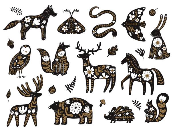 Scandinavian flowers animals. Folklore Nordic woodland elements. Fauna patterned totem templates. Black silhouettes with floral ornaments. Plant leaves. Vector forest creatures set Scandinavian flowers animals. Folklore Nordic woodland elements. Fauna patterned totem templates. Black silhouette sketches with floral ornaments. Plant leaves. Vector isolated forest creatures set northern europe stock illustrations