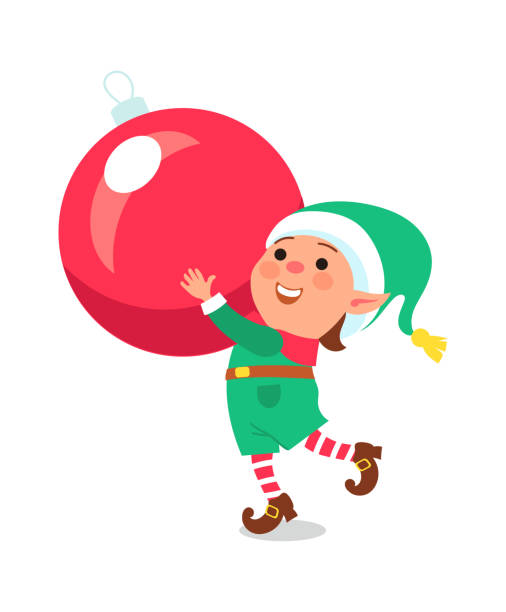 Christmas elf. Cartoon funny magical creature, little helper of Santa Claus, christmas gnome, kids with xmas tree decoration, dwarf winter holidays celebration vector flat isolated set Christmas elf. Cartoon funny magical creature, little helper of Santa Claus, christmas gnome, kids with xmas tree decoration, happy dwarf winter holidays celebration vector flat style isolated set santas helpers stock illustrations