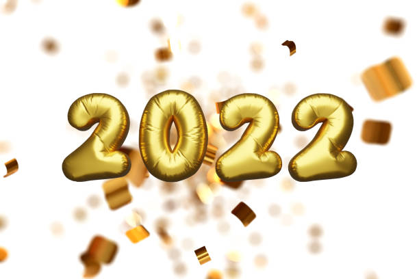 istock 2022 text effect 3d numbers on white background with confetti. Golden inflatable foil balloons. Merry Xmas. 3d render illustration. 1350664751