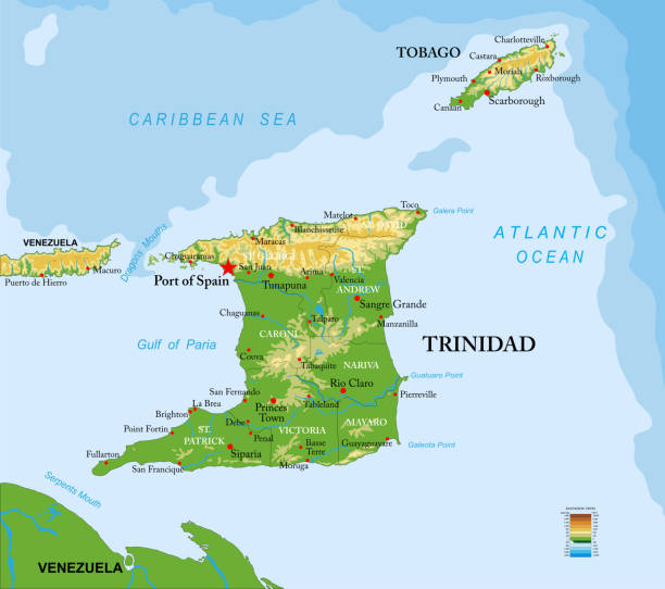 Trinidad and Tobago islands highly detailed physical map Highly detailed physical map of Trinidad and Tobago islands,in vector format,with all the relief forms,regions and big cities. trinidad tobago map stock illustrations