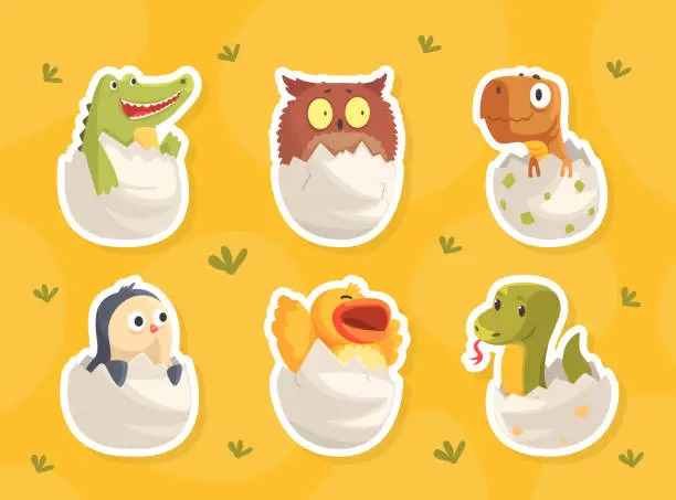 Vector illustration of Cute Bird and Reptile Hatching from Egg Sitting in Cracked Open Shell Vector Sticker Set