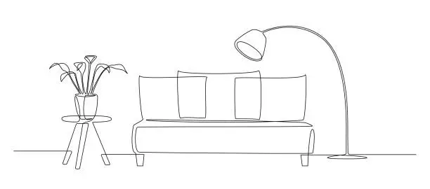 Vector illustration of Continuous one line drawing of sofa and floor lamp and table with plant. Living room interior in loft apartment. Modern furniture in simple Linear style. Doodle vector illustration