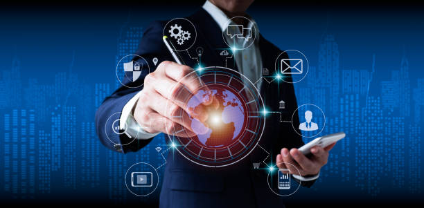istock Technology and icon customer global network connection by a businessman using a mobile phone to analyze sales data and economic growth graph chart. Business strategy. Innovative. Digital marketing 1350666237