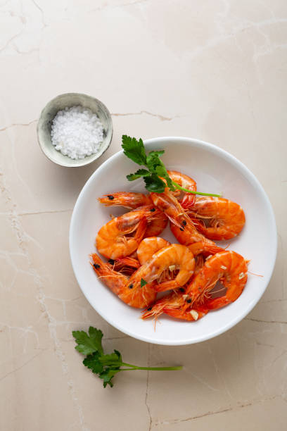 Overhead view of tiger prawn boiled stock photo
